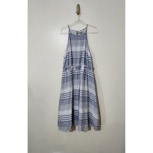 Blue & White Cotton Halter Midi Sundress Ruffle Feminine Y2K Vacation Party XL